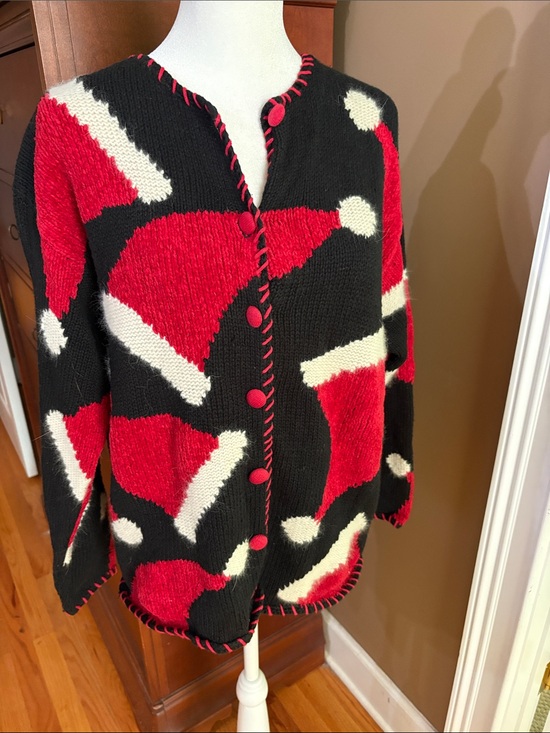 Marisa Christina Sweaters - Vintage Christmas Red, Black & Cream Cardigan 1998 tag